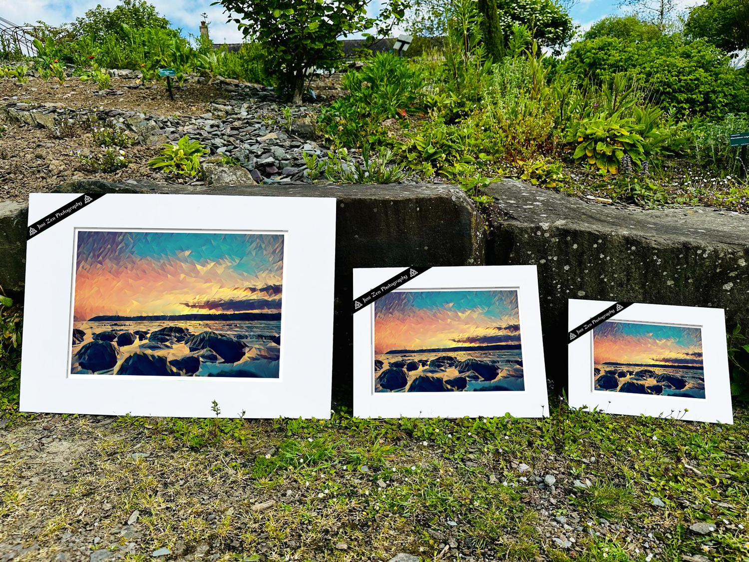 Three different size retro pictures in a nature photograph